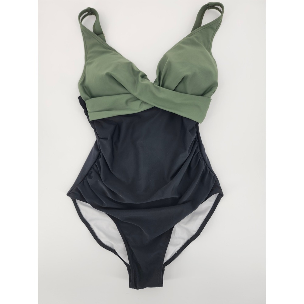 Eomenie Womens One Piece Swimsuit Green Black Ruched Tummy Control Size S NWT